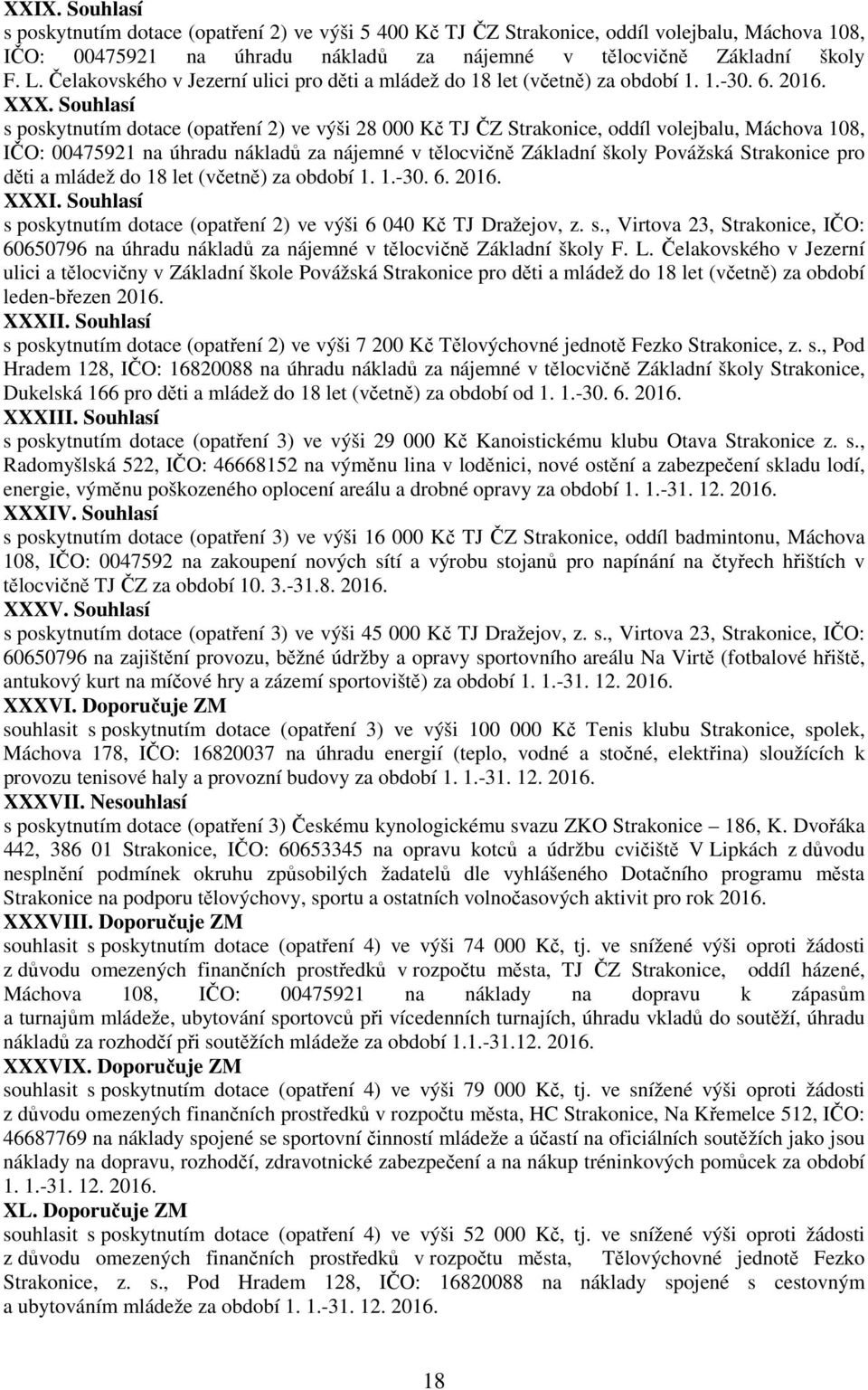 Souhlasí s poskytnutím dotace (opatření 2) ve výši 28 000 Kč TJ ČZ Strakonice, oddíl volejbalu, Máchova 108, IČO: 00475921 na úhradu nákladů za nájemné v tělocvičně Základní školy Povážská Strakonice
