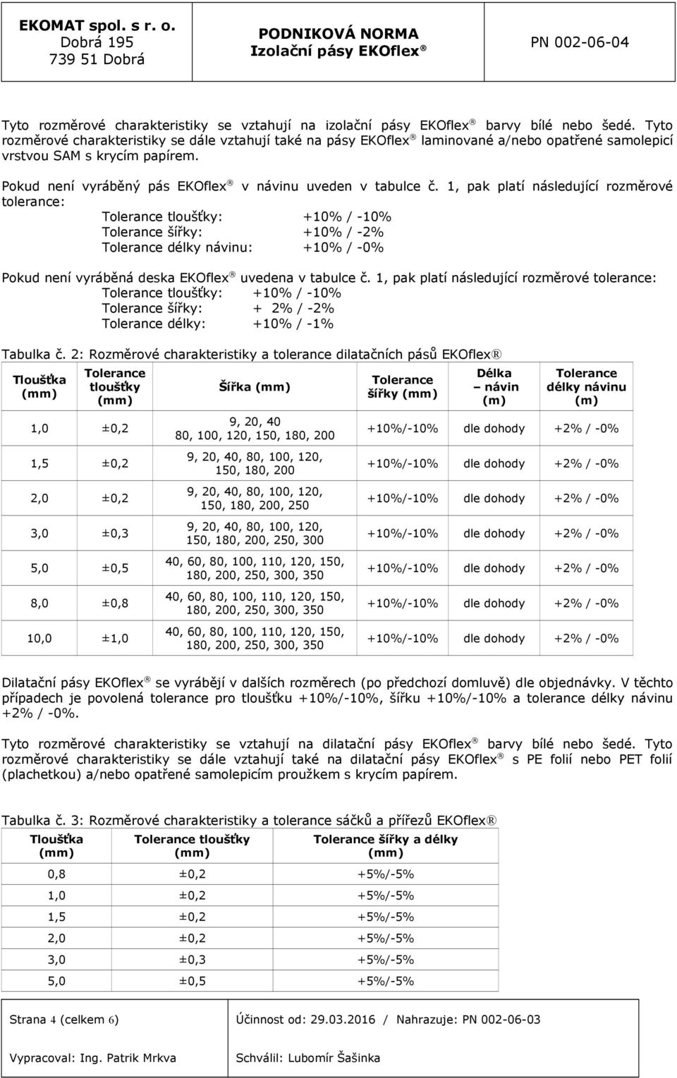 1, pak platí následující rozměrové tolerance: tloušťky: +10% / -10% šířky: +10% / -2% délky návinu: +10% / -0% Pokud není vyráběná deska EKOflex uvedena v tabulce č.