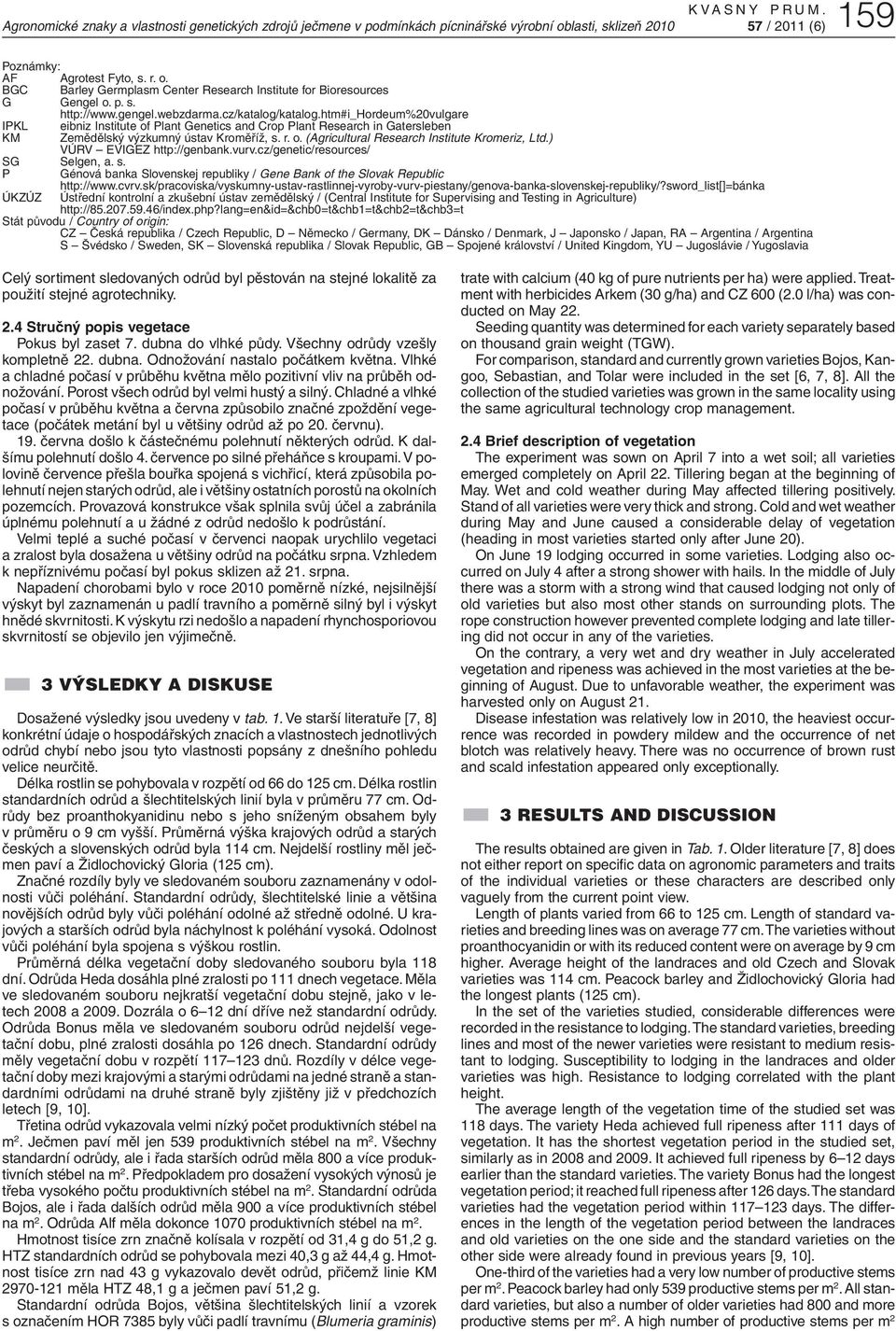 o. (Agricultural Research Institute Kromeriz, Ltd.) VÚRV EVIGEZ http://genbank.vurv.cz/genetic/resources/ SG Selgen, a. s.