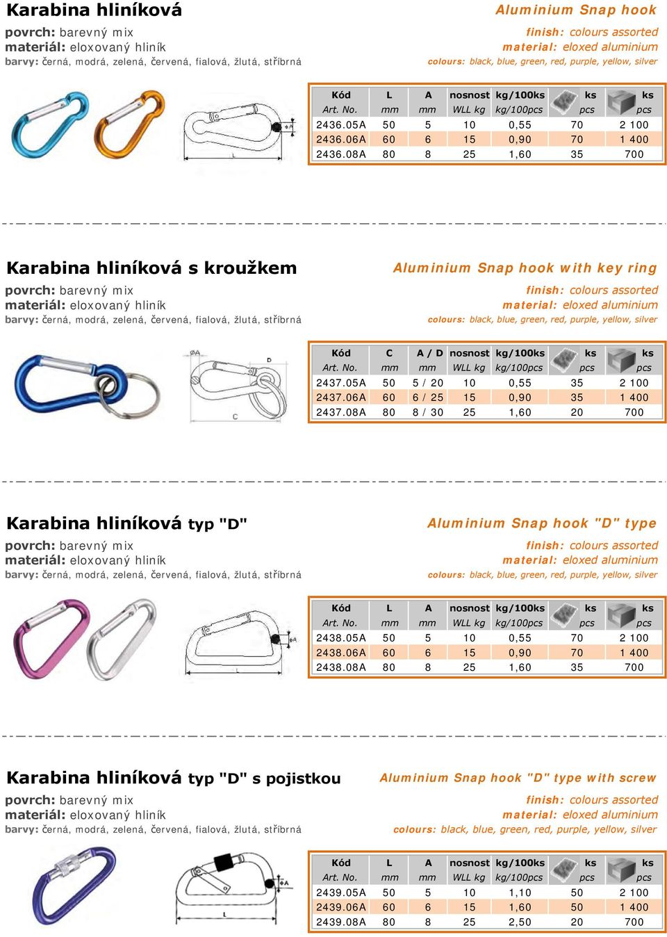 06A 60 6 / 25 15 0,90 35 1 400 2437.08A 80 8 / 30 25 1,60 20 700 Karabina hliníková typ "D" Aluminium Snap hook "D" type Kód L A nosnost kg/100ks ks ks 2438.