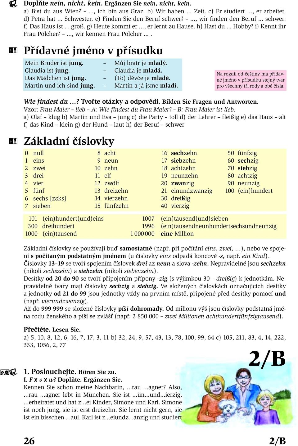 ..., wir kennen Frau Pölcher.... Přídavné jméno v přísudku Mein Bruder ist jung. Můj bratr je mladý. Claudia ist jung. Claudia je mladá. Das Mädchen ist jung. (To) děvče je mladé.