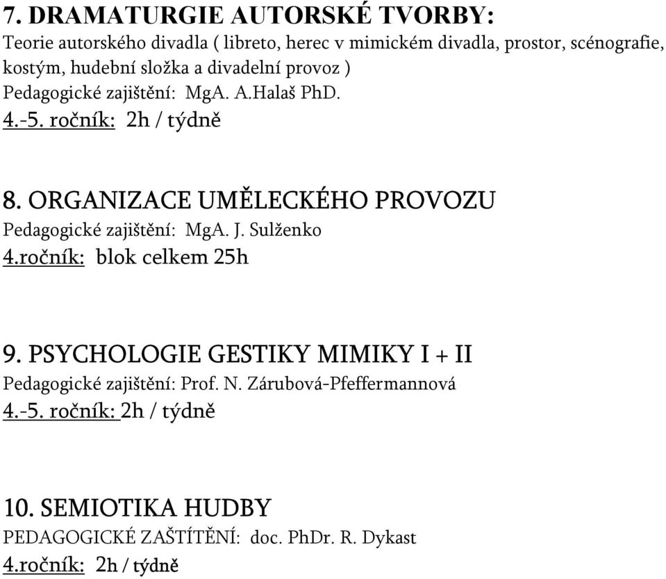 ORGANIZACE UMĚLECKÉHO PROVOZU Pedagogické zajištění: MgA. J. Sulženko 4.ročník: blok celkem 25h 9.