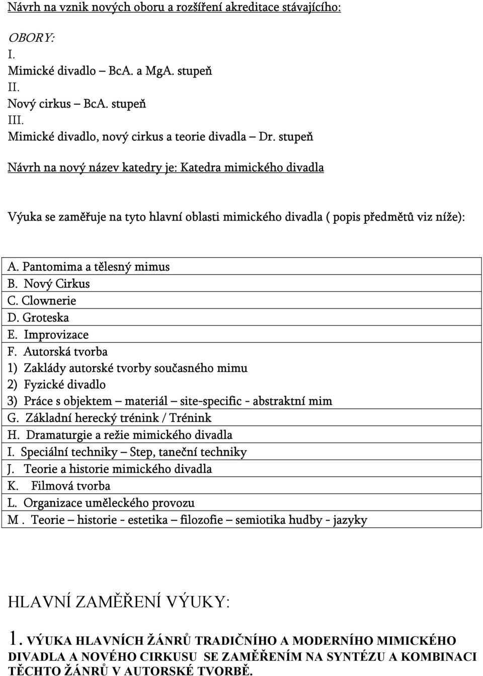 Clownerie D. Groteska E. Improvizace F. Autorská tvorba 1) Zaklády autorské tvorby současného mimu 2) Fyzické divadlo 3) Práce s objektem materiál site-specific - abstraktní mim G.