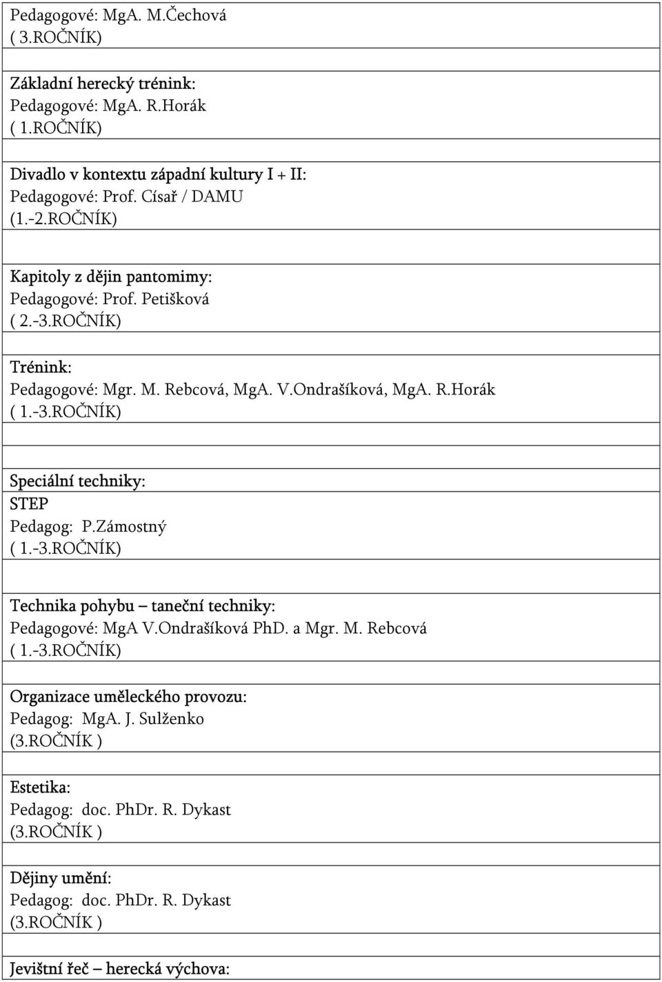 Zámostný ( 1.-3.ROČNÍK) Technika pohybu taneční techniky: Pedagogové: MgA V.Ondrašíková PhD. a Mgr. M. Rebcová ( 1.-3.ROČNÍK) Organizace uměleckého provozu: Pedagog: MgA. J.