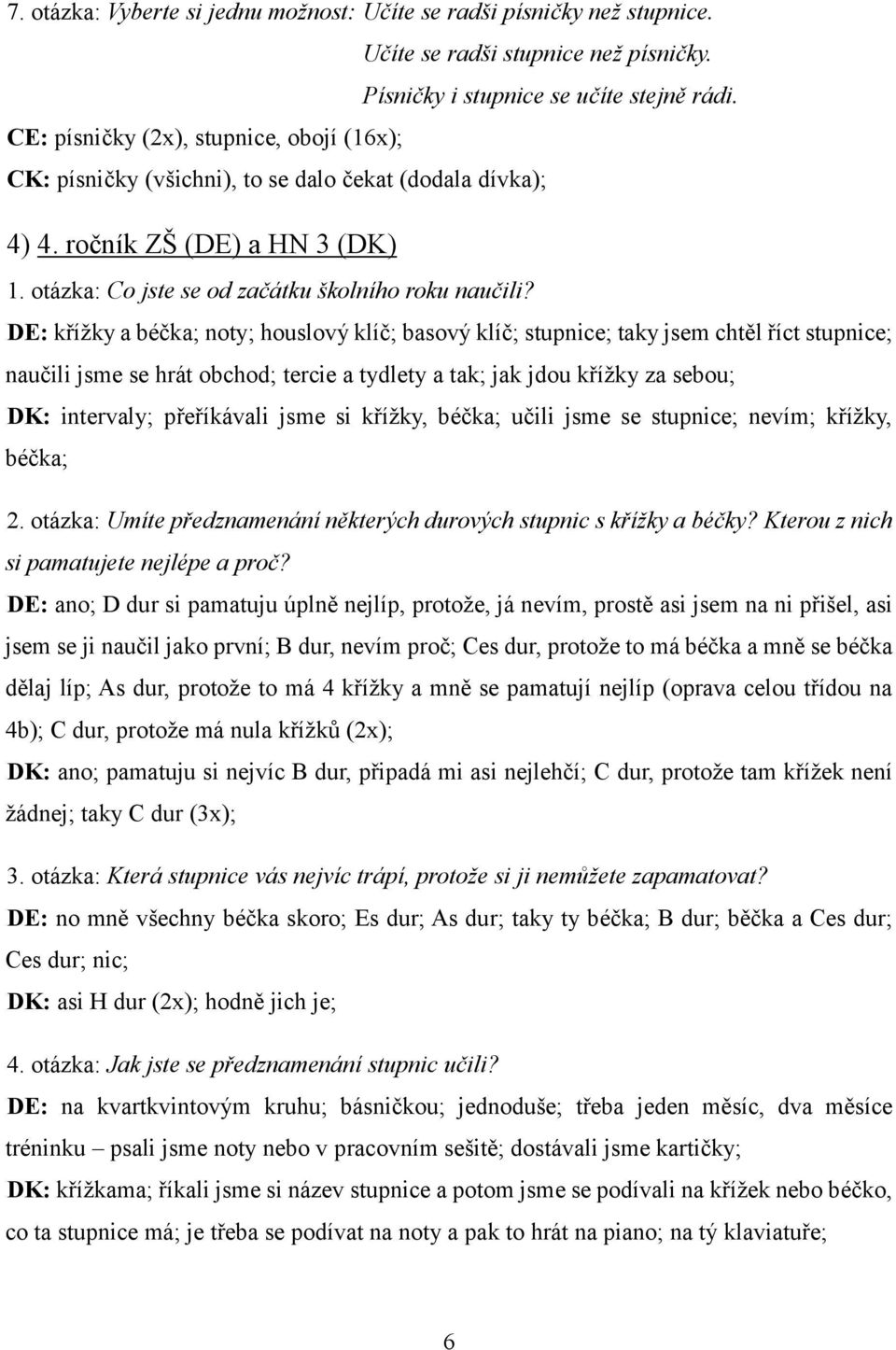 DE: křížky a béčka; noty; houslový klíč; basový klíč; stupnice; taky jsem chtěl říct stupnice; naučili jsme se hrát obchod; tercie a tydlety a tak; jak jdou křížky za sebou; DK: intervaly;