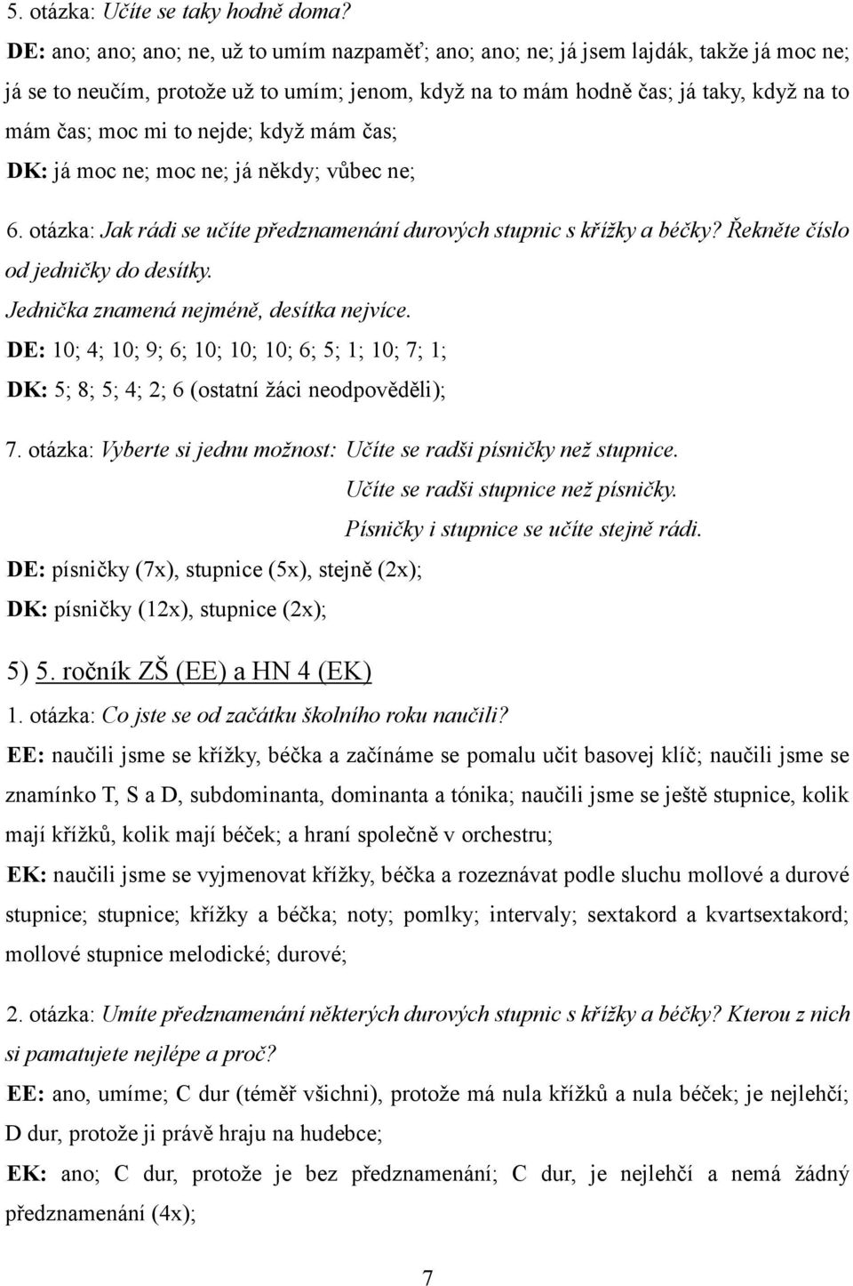 nejde; když mám čas; DK: já moc ne; moc ne; já někdy; vůbec ne; 6. otázka: Jak rádi se učíte předznamenání durových stupnic s křížky a béčky? Řekněte číslo od jedničky do desítky.