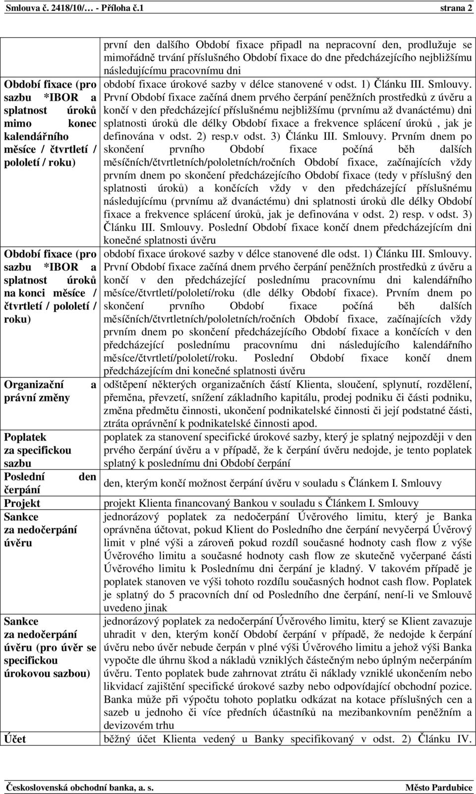 / pololetí / roku) Organizační právní změny a Poplatek za specifickou sazbu Poslední den čerpání Projekt Sankce za nedočerpání úvěru Sankce za nedočerpání úvěru (pro úvěr se specifickou úrokovou
