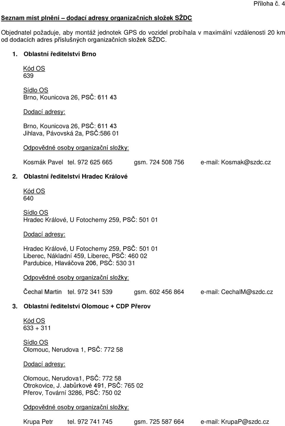 organizačních složek SŽDC. 1. Oblastní ředitelství Brno 639 Brno, Kounicova 26, PSČ: 611 43 Brno, Kounicova 26, PSČ: 611 43 Jihlava, Pávovská 2a, PSČ:586 01 Kosmák Pavel tel. 972 625 665 gsm.