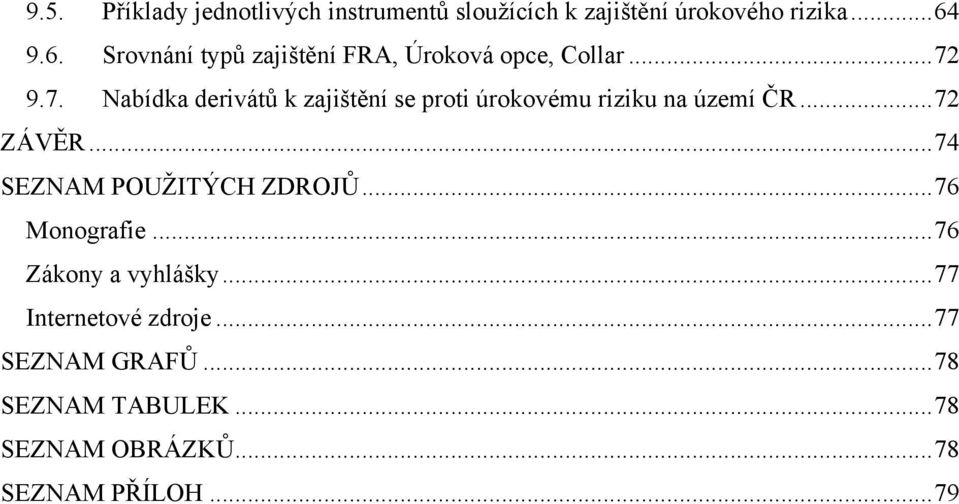 9.7. Nabídka derivátů k zajištění se proti úrokovému riziku na území ČR... 72 ZÁVĚR.