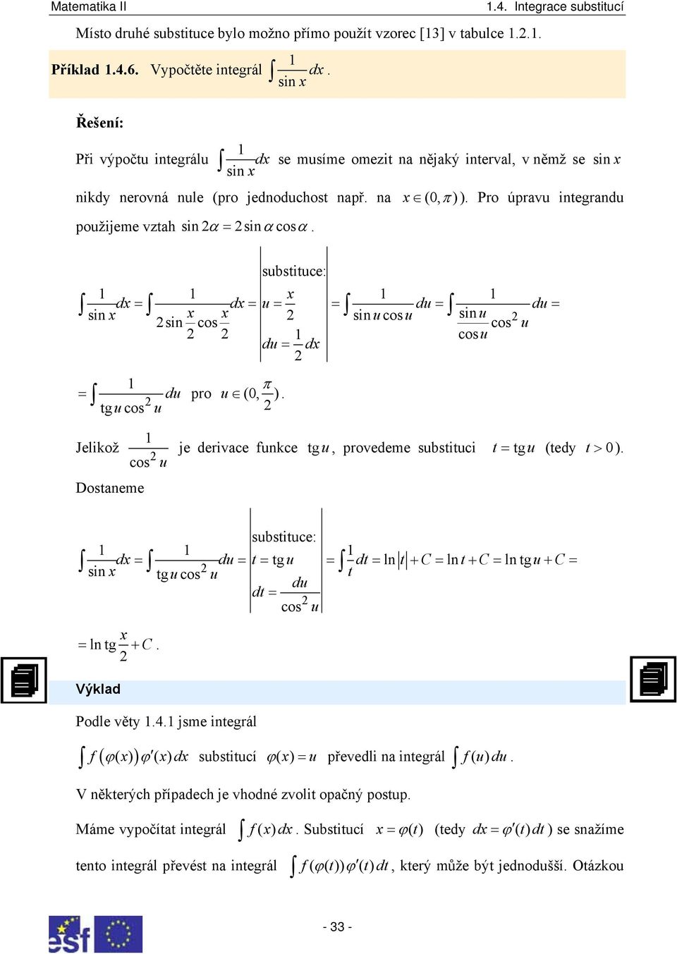 Jelikož Dosaneme cos u je derivace funkce gu, provedeme subsiuci = gu (edy > 0 ) d = du = = g u = d = ln + C = ln + C = ln g u C sin gucos u du d = cos u + = = ln g + C Výklad Podle věy 4 jsme