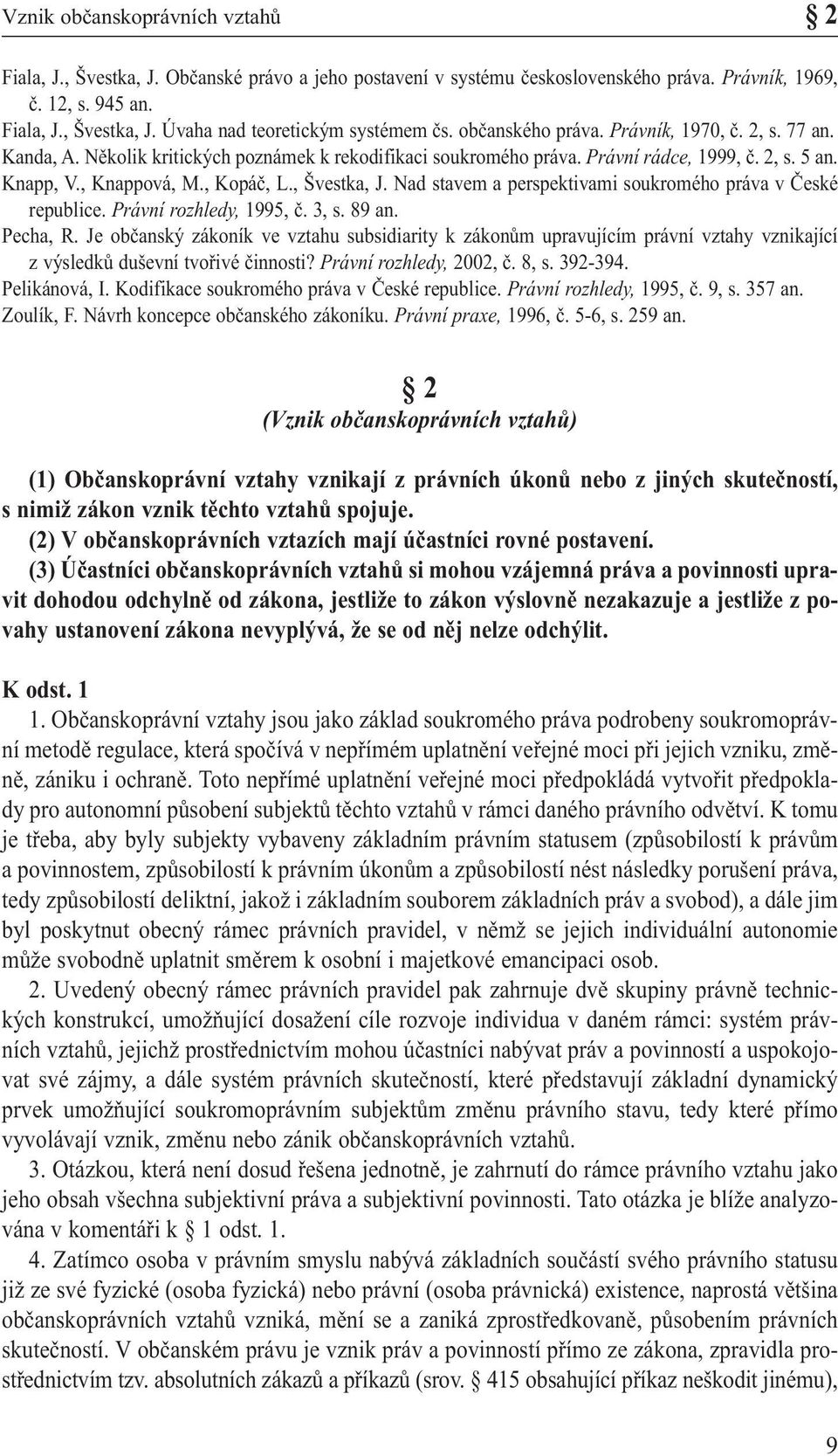 , Švestka, J. Nad stavem a perspektivami soukromého práva v České republice. Právní rozhledy, 1995, č. 3, s. 89 an. Pecha, R.