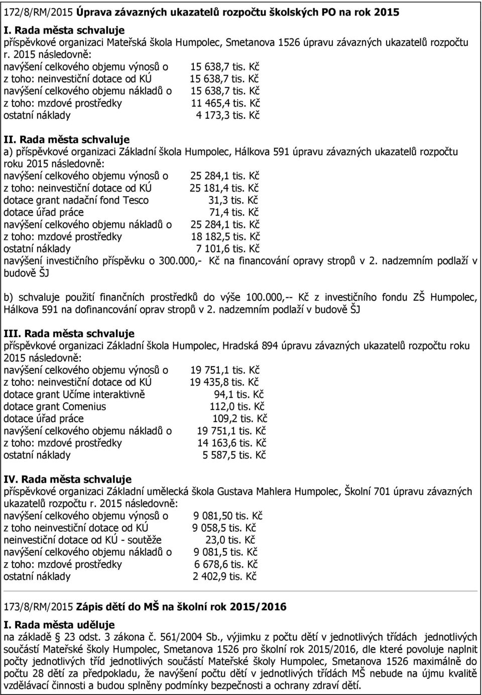 Kč z toho: mzdové prostředky 11 465,4 tis. Kč ostatní náklady 4 173,3 tis.
