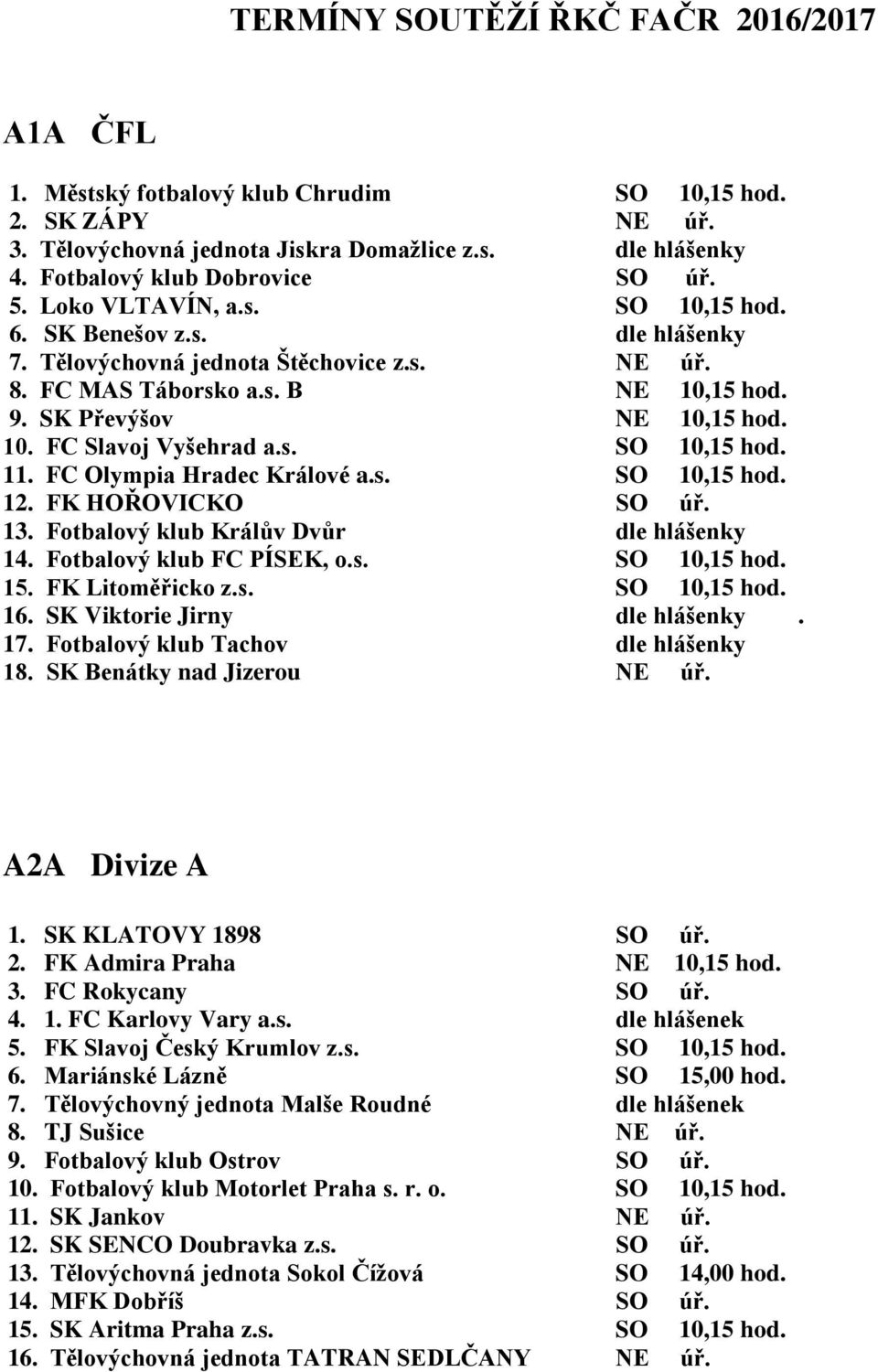 SK Převýšov NE 10,15 hod. 10. FC Slavoj Vyšehrad a.s. SO 10,15 hod. 11. FC Olympia Hradec Králové a.s. SO 10,15 hod. 12. FK HOŘOVICKO SO úř. 13. Fotbalový klub Králův Dvůr dle hlášenky 14.