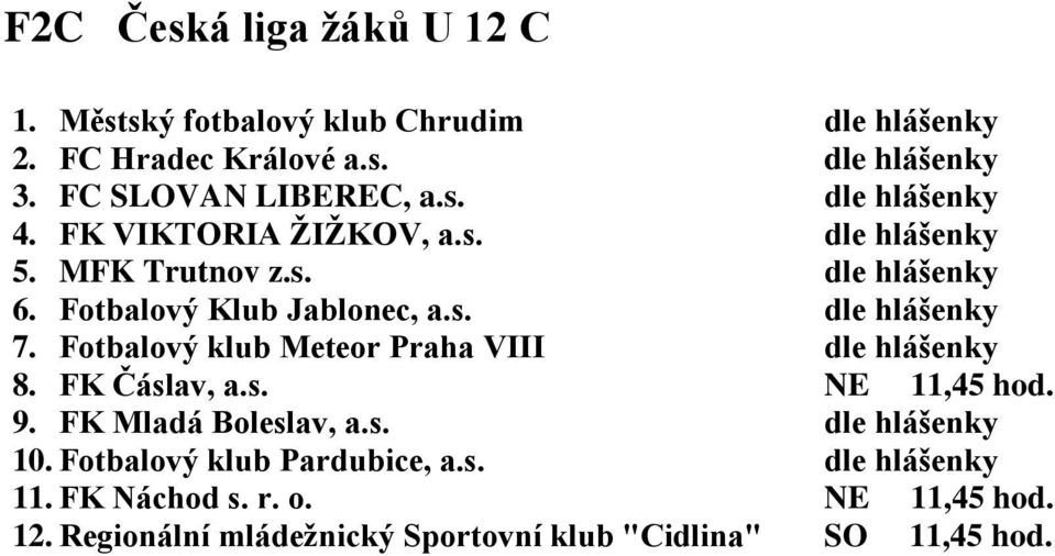 Fotbalový klub Meteor Praha VIII dle hlášenky 8. FK Čáslav, a.s. NE 11,45 hod. 9. FK Mladá Boleslav, a.s. dle hlášenky 10.