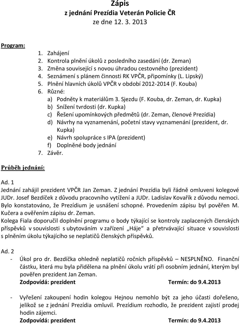 Různé: a) Podněty k materiálům 3. Sjezdu (F. Kouba, dr. Zeman, dr. Kupka) b) Snížení tvrdosti (dr. Kupka) c) Řešení upomínkových předmětů (dr.