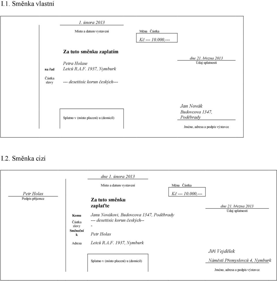 února 2013 Místo a datum vystavení Měna Částka Petr Holas Kč --- 10.000,--- Podpis příjemce Za tuto směnku zaplaťte dne 21.