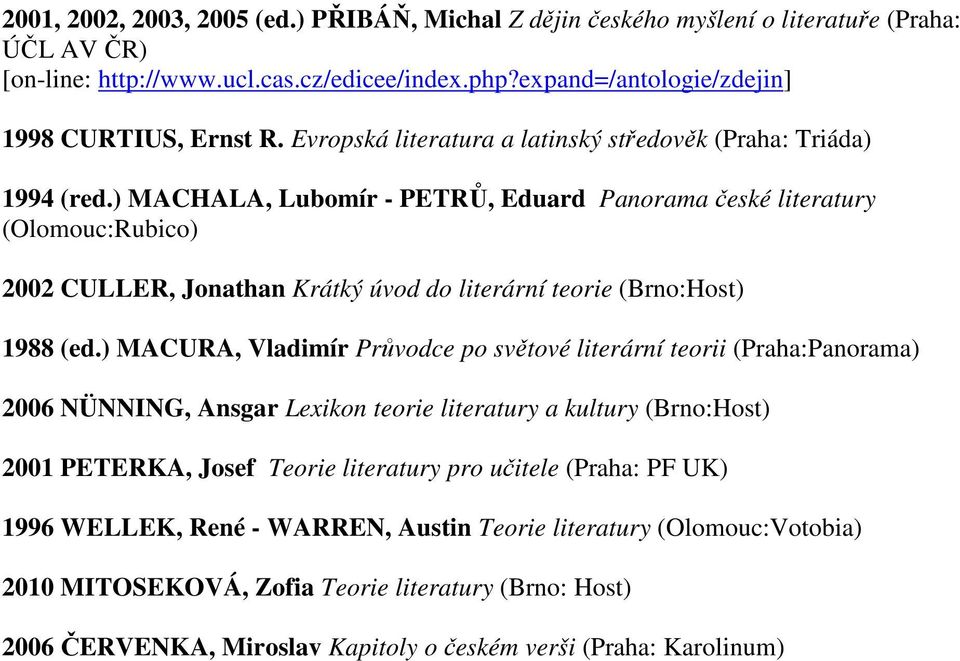 ) MACHALA, Lubomír - PETRŮ, Eduard Panorama české literatury (Olomouc:Rubico) 2002 CULLER, Jonathan Krátký úvod do literární teorie (Brno:Host) 1988 (ed.