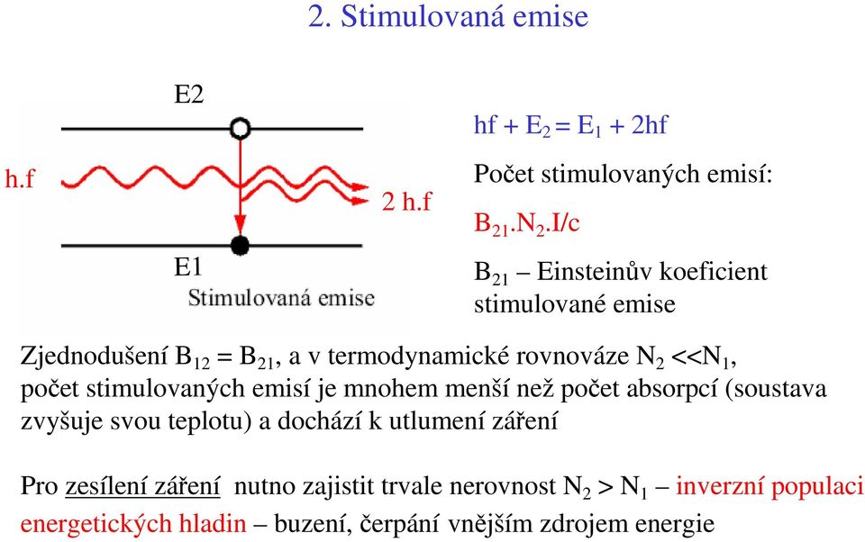 stimulovaných emisí je mnohem menší než počet absorpcí (soustava zvyšuje svou teplotu) a dochází k utlumení