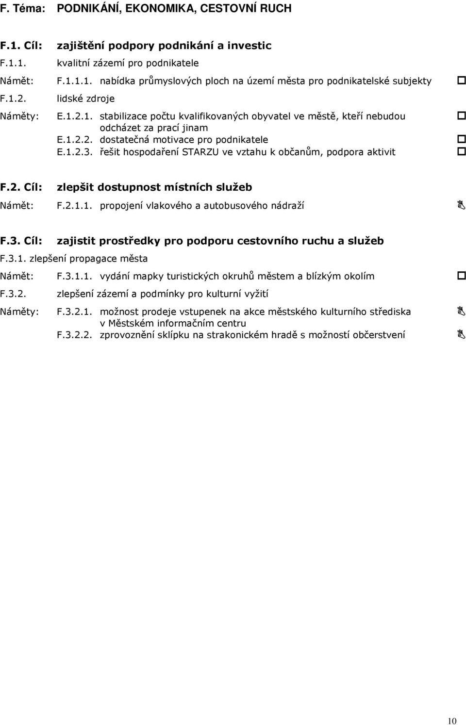 řešit hospodaření STARZU ve vztahu k občanům, podpora aktivit F.2. Cíl: zlepšit dostupnost místních služeb Námět: F.2.1.1. propojení vlakového a autobusového nádraží F.3.