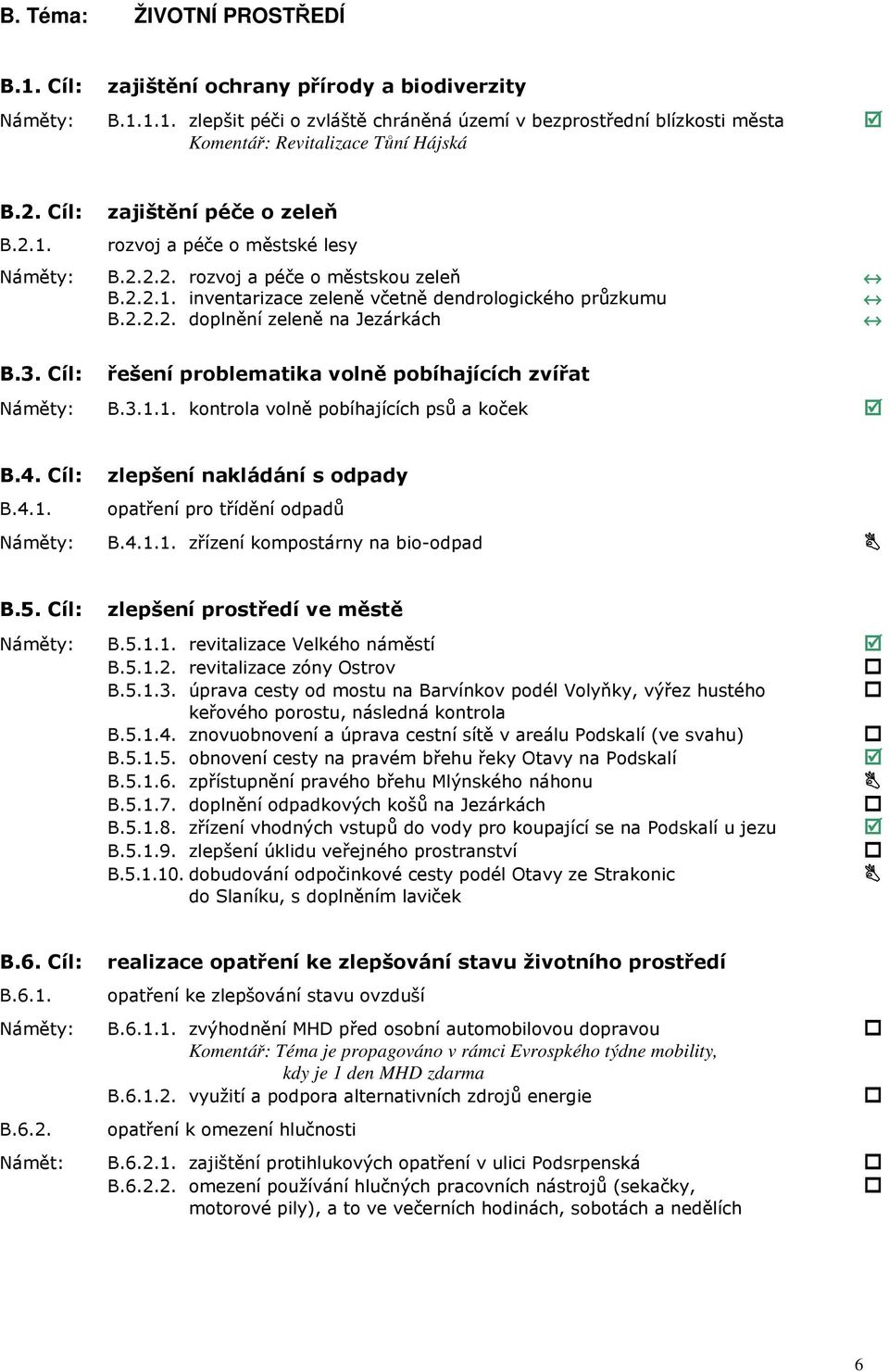 3. Cíl: řešení problematika volně pobíhajících zvířat Náměty: B.3.1.1. kontrola volně pobíhajících psů a koček B.4. Cíl: zlepšení nakládání s odpady B.4.1. opatření pro třídění odpadů Náměty: B.4.1.1. zřízení kompostárny na bio-odpad B.