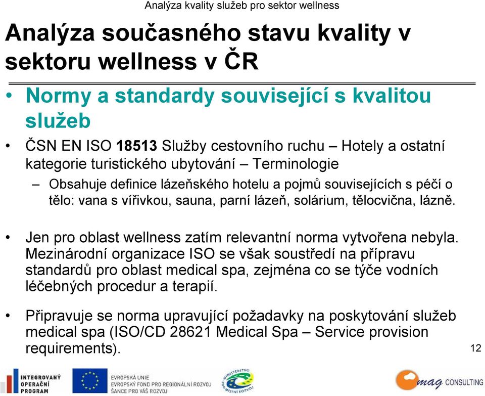 Jen pro oblast wellness zatím relevantní norma vytvořena nebyla.