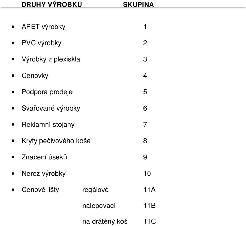 Reklamní stojany 7 Kryty pečivového koše 8 Značení úseků 9
