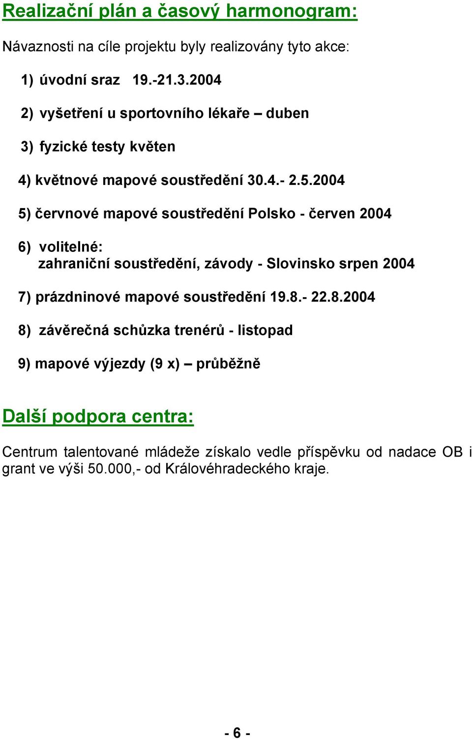 2004 5) červnové mapové soustředění Polsko - červen 2004 6) volitelné: zahraniční soustředění, závody - Slovinsko srpen 2004 7) prázdninové mapové