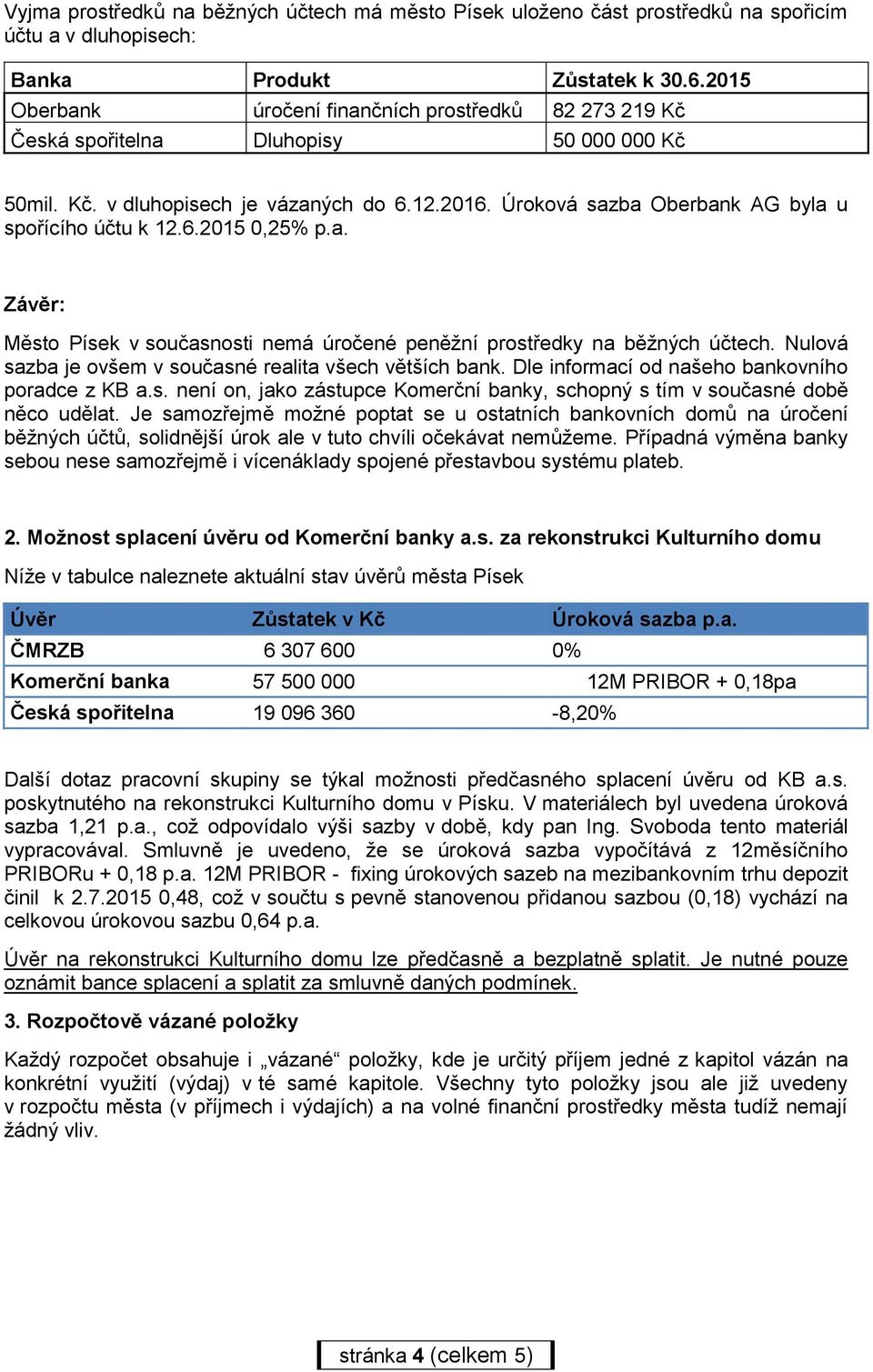 Úroková sazba Oberbank AG byla u spořícího účtu k 12.6.2015 0,25% p.a. Závěr: Město Písek v současnosti nemá úročené peněžní prostředky na běžných účtech.