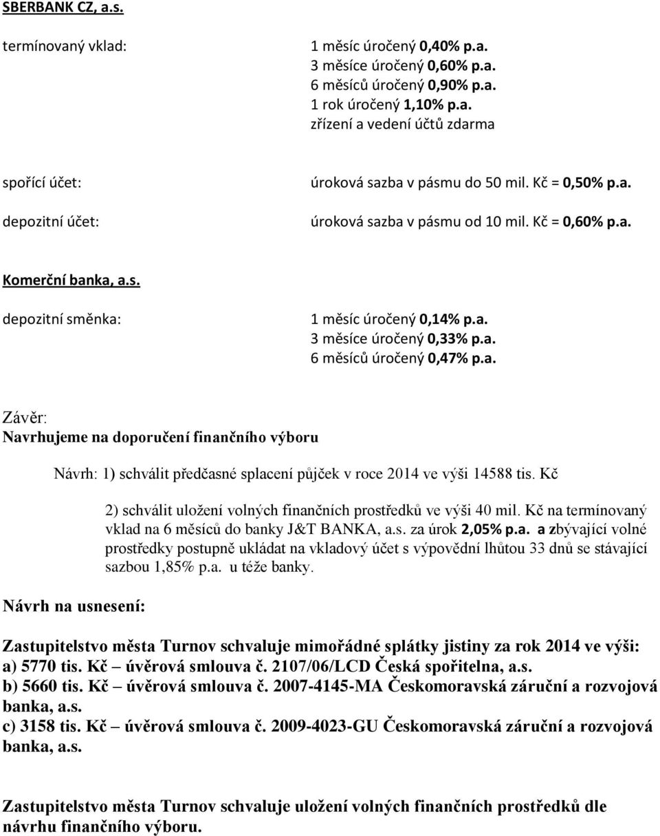 Kč Návrh na usnesení: 2) schválit uložení volných finančních prostředků ve výši 40 mil. Kč na termínovaný vklad na 6 měsíců do banky J&T BANKA, a.s. za úrok 2,05% p.a. a zbývající volné prostředky postupně ukládat na vkladový účet s výpovědní lhůtou 33 dnů se stávající sazbou 1,85% p.