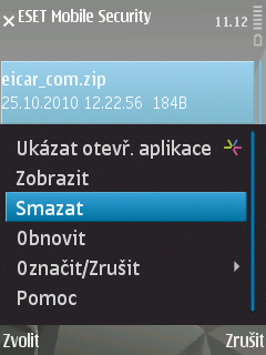 6. Upozornění při nákaze Pokud je nalezen vir, budete ESET Mobile Security vyzvání k zadání akce. Dialog karanténa Obnovit soubory z karantény do původní lokace lze přes nabídku Menu > Obnovit.