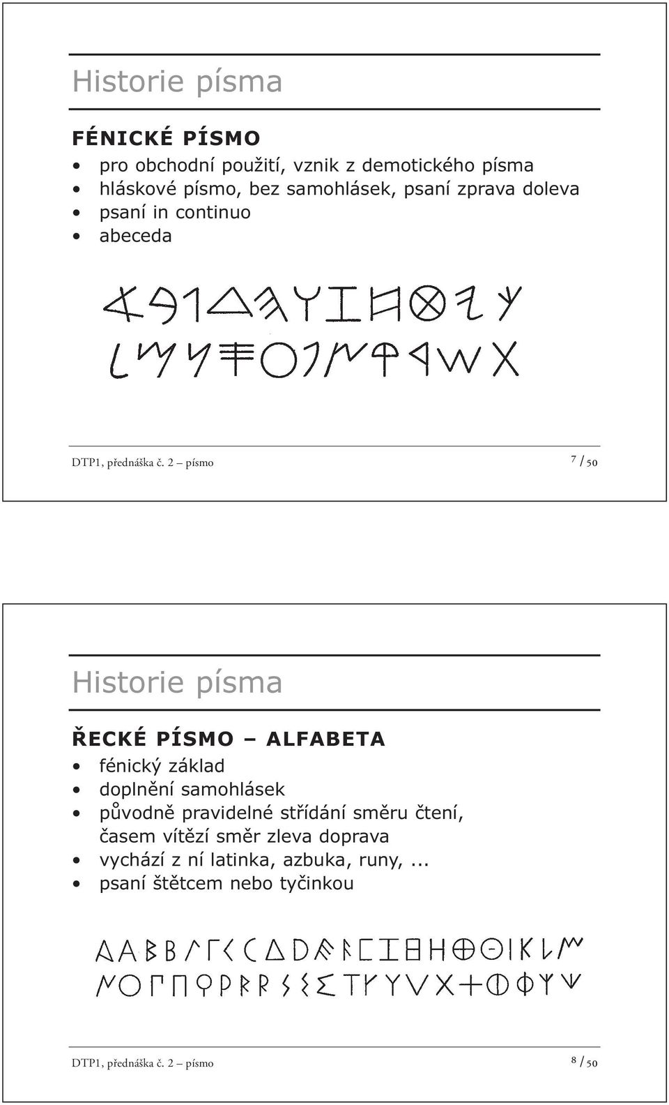 2 písmo ⁷ /50 Historie písma ŘECKÉ PÍSMO ALFABETA fénický základ doplnění samohlásek původně pravidelné
