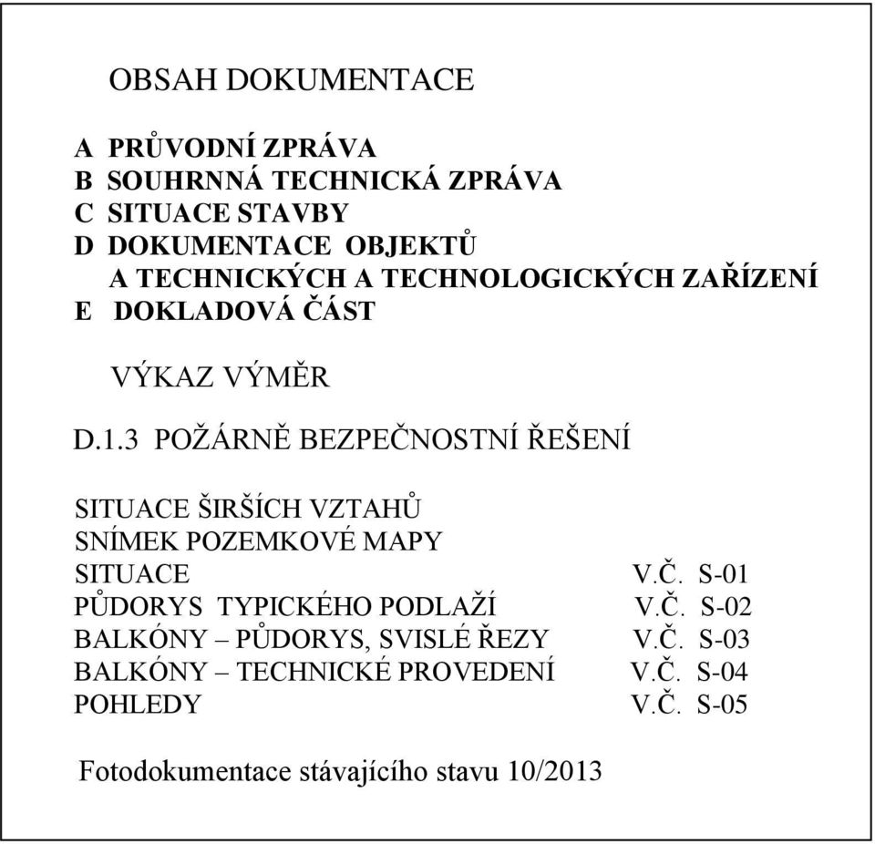 3 POŽÁRNĚ BEZPEČNOSTNÍ ŘEŠENÍ SITUACE ŠIRŠÍCH VZTAHŮ SNÍMEK POZEMKOVÉ MAPY SITUACE V.Č. S-01 PŮDORYS TYPICKÉHO PODLAŽÍ V.