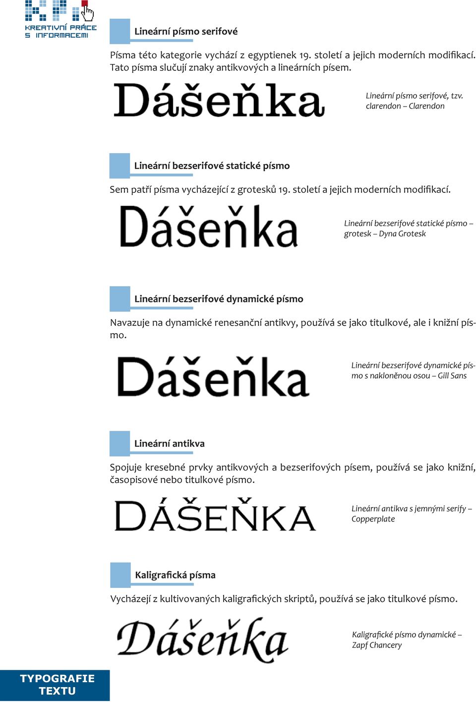 Lineární bezserifové statické písmo grotesk Dyna Grotesk Lineární bezserifové dynamické písmo Navazuje na dynamické renesanční antikvy, používá se jako titulkové, ale i knižní písmo.