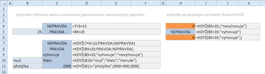 Význam logických hodnot v podmíněném formátování A nyní tedy už milovaná i nenáviděná funkce KDYŽ. V základu na ní není nic složitého. Jako první parametr očekává výrok.