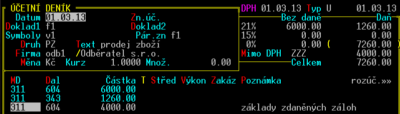 6. Standardním způsobem vystavíme konečnou fakturu s dokladovou řadou pro běžné faktury f, s druhem účtování pro zboží a tabulkou DPH pouze ve výši doplatku.