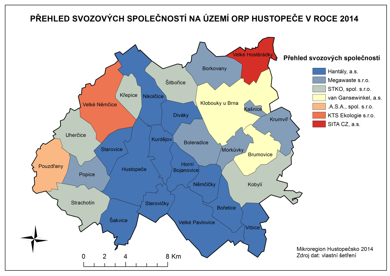 Na území ORP Hustopeče působí celkem 7 svozových společností. Na území ORP sídlí jedna svozová společnost, Hantály a.s. ve Velkých Pavlovicích, která má na starost 12 obcí (42,86 %).