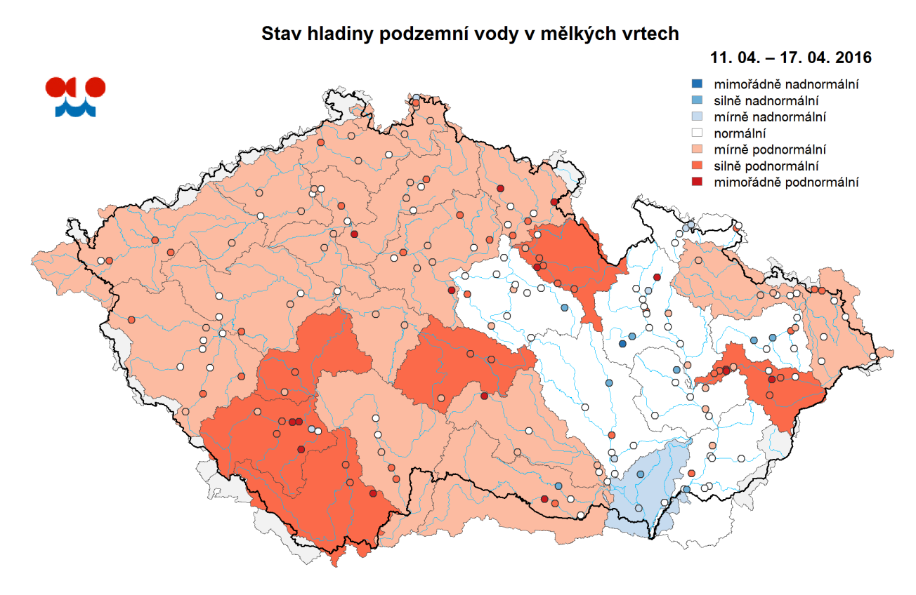 Mapa ukazuje stav podzemní vody ve sledovaných vrtech a oblastech povodí dle pravděpodobnosti překročení úrovně hladin v daném týdnu v referenčním období 1981 2010 (viz text).