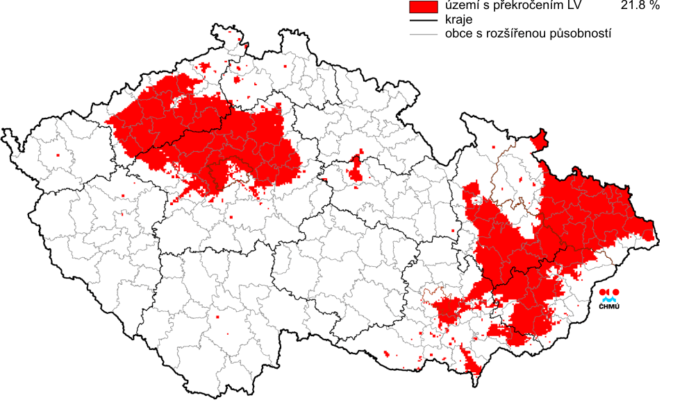 Obrázek 28: Oblasti s překročenými imisními limity pro ochranu zdraví, 2011 Zdroj dat: ČHMÚ, www.chmi.
