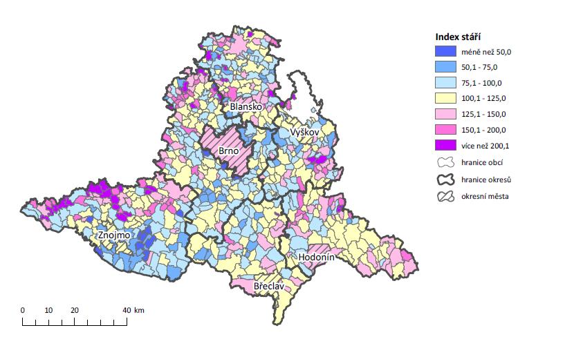 Jihomoravském kraji 2012, ČSÚ Obrázek 5: Index stáří v obcích