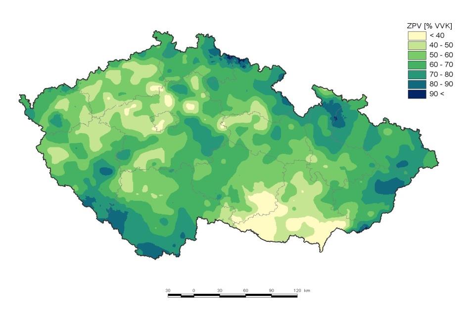 Zásoba využitelné vody v půdě pod travním porostem [%VVK] na území ČR, průměrné dlouhodobé hodnoty (1961-2010) dlouhodobý