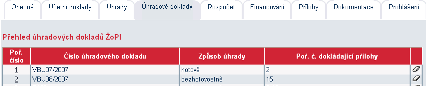 Záloţka III. Úhrady Po rozkliknutí záloţky Úhrady se ukáţe Přehled úhrad účetních dokladů. Tyto úhrady byly zadány jiţ v podzáloţce II.b Úhrady účetního dokladu.