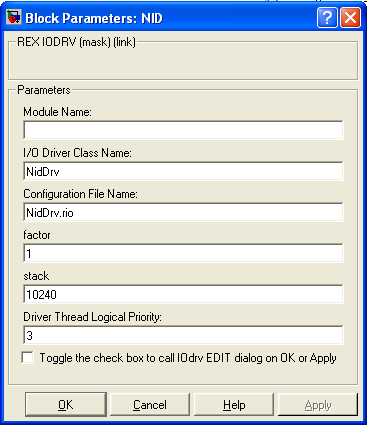 V druhém bloku NID typu IODRV, připojeném na výstup Drivers exekutivy stačí zadat následující parametry: classname jméno třídy ovladače, které se pro tento ovladač zadává NidDrv.