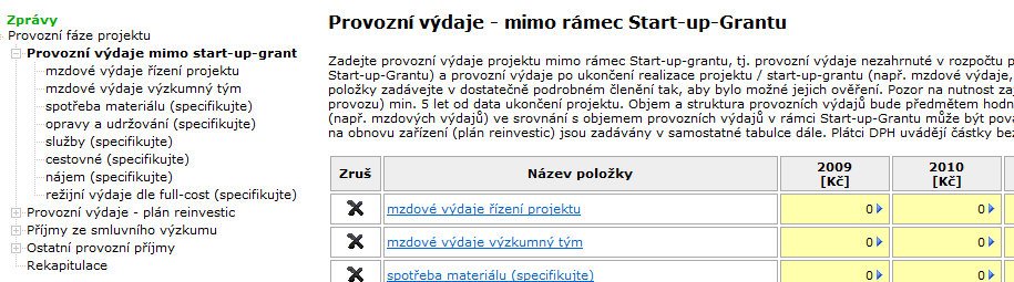 Provoz provozní výdaje mimo start-up grant plán