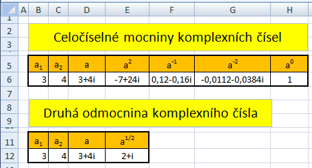 Celočíselné mocniny komplexních čísel, druhá odmocnina komplexního čísla Funkce IMPOWERvrací celočíselnou mocninu