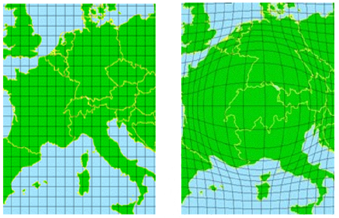 Mapa 1.1: Mapa Fisheye střední Evropy. Logaritmická projekce použitá na střed mapy zvýrazňuje oblast Švýcarska.