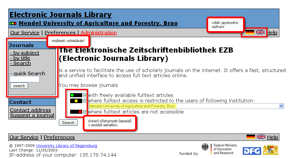 Vstupní obrazovka Electronic Journals Library. Můžeme si vybrat preferované jazykové rozhraní (EN, DE).
