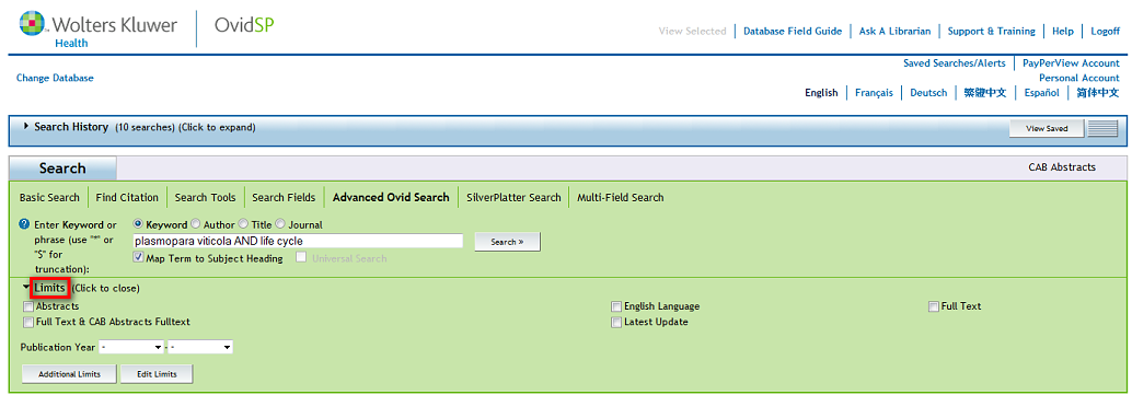 V databázi CAB Abstracts hledáme články o životním cyklu plísně révové. Protože se jedná o kombinovaný dotaz, zvolíme vyhledávací rozhraní Advanced Ovid Search.