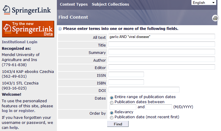 V databázi SpringerLink hledáme články a knihy/kapitoly knih týkající se virových chorob