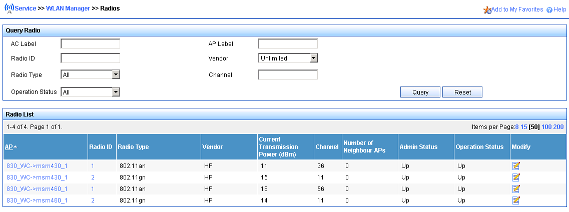 WSM access points radios Access Point Radio ID Radio Type Vendor Current