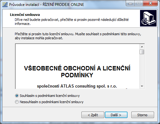 1 2 3 1. Text Licenčního ujednání 3. Tlačítka pro pohyb v průvodci instalací 2.